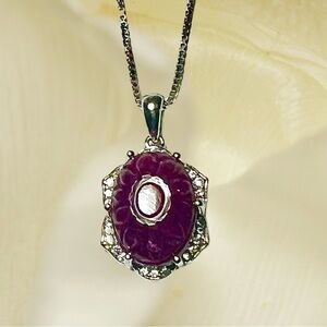 Sterling Silver Carved Ruby & White Topaz Necklace 18”.
